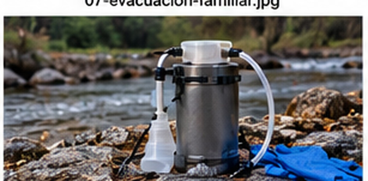 Equipo de filtrado portátil junto a un curso de agua. Imagen ilustrativa aportada; no identifica un modelo probado.