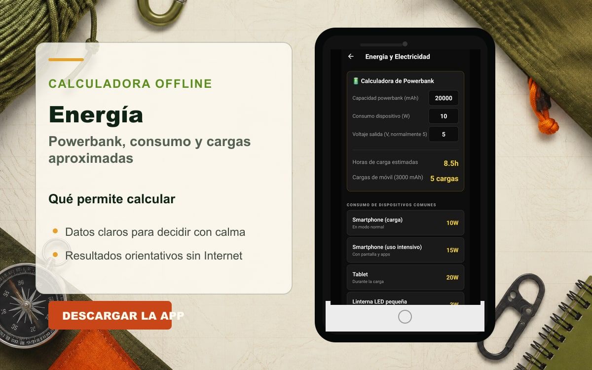 Powerbank conectada a un móvil con cálculo de energía