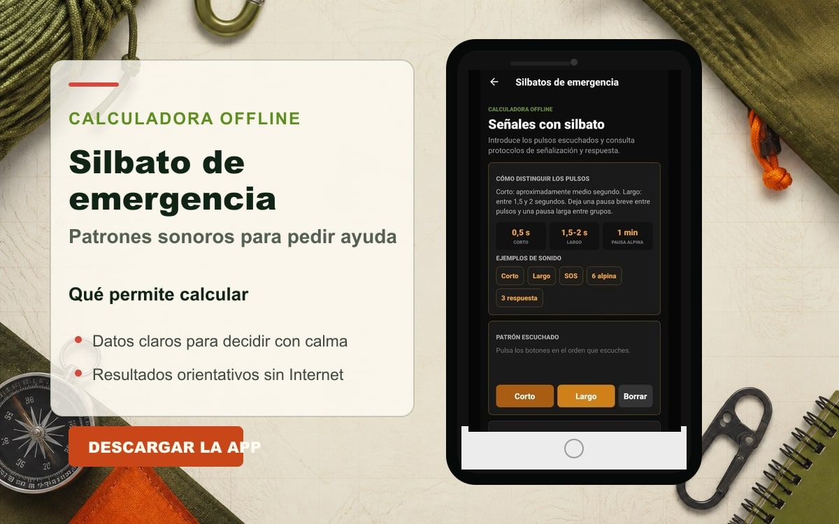 Portada con la calculadora real de silbato de emergencia de Modo Crisis Survival
