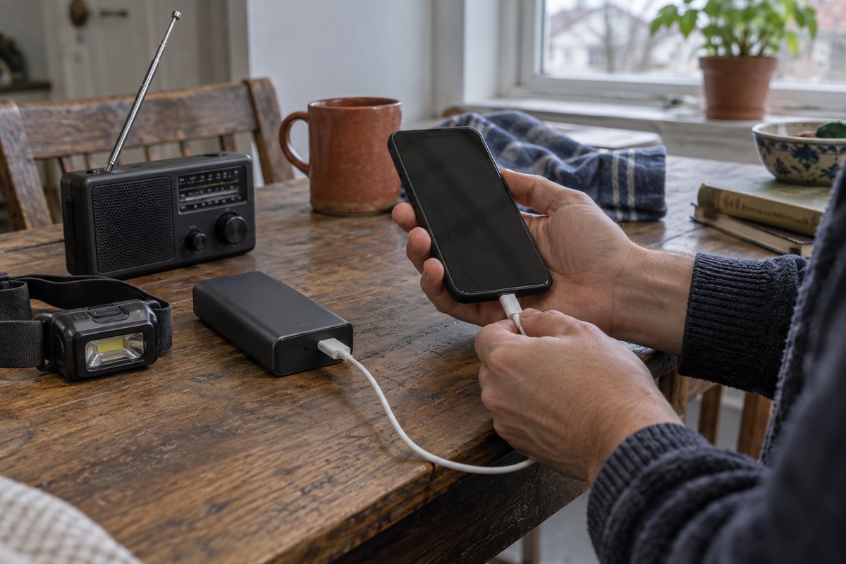 Carga de un teléfono junto a una radio y una linterna frontal. Imagen ilustrativa generada con IA.