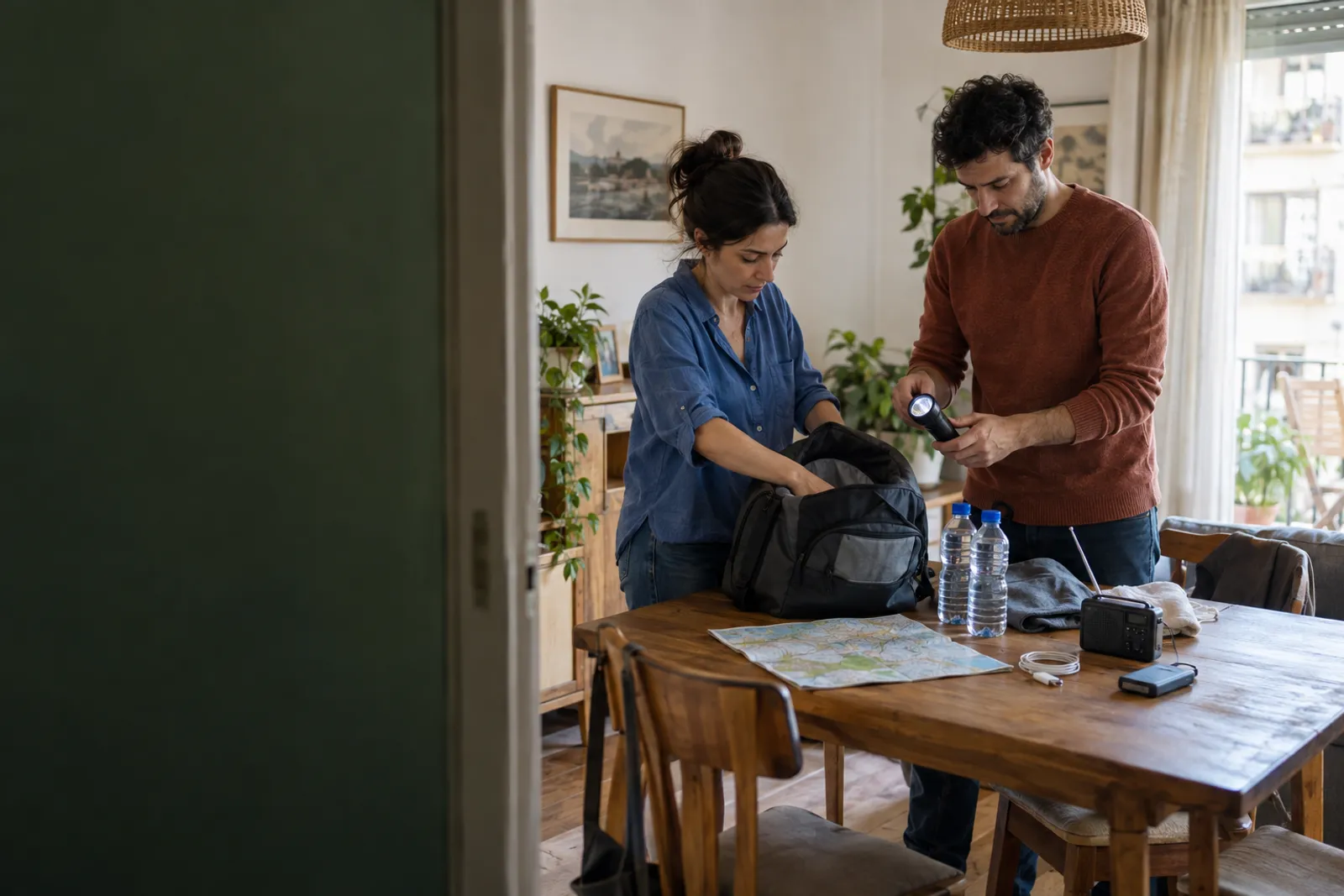 Una pareja prepara una mochila, agua y radio en su vivienda. Imagen ilustrativa creada con IA.