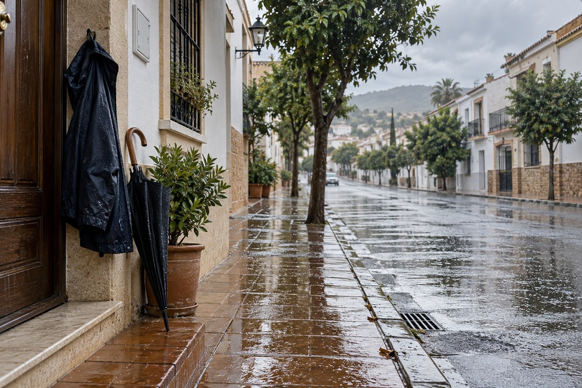 Calle residencial bajo la lluvia. Imagen ilustrativa generada con IA, no una fotografía de una emergencia real.