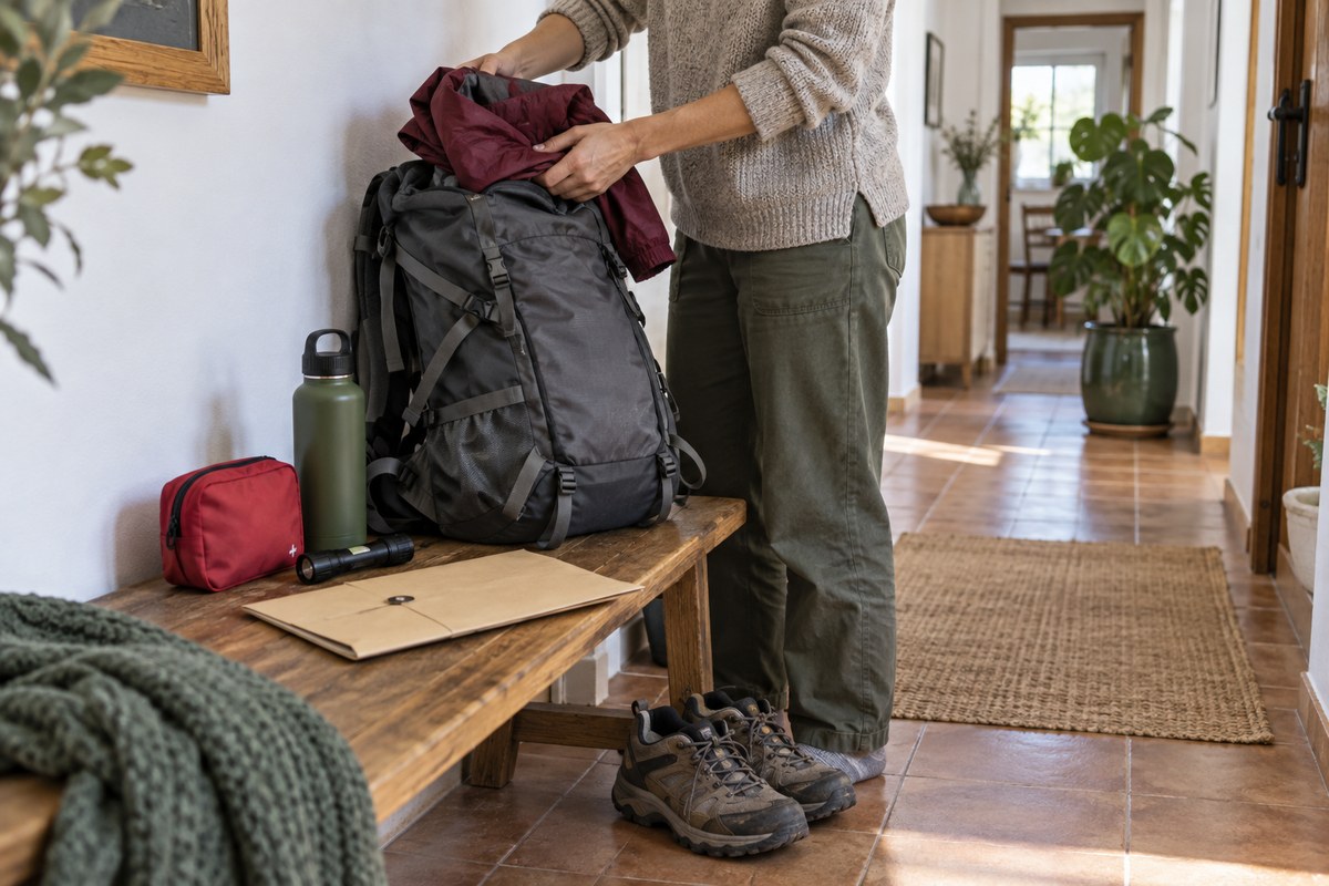 Preparación de una mochila y documentos en casa. Escena ilustrativa, no una emergencia real.
