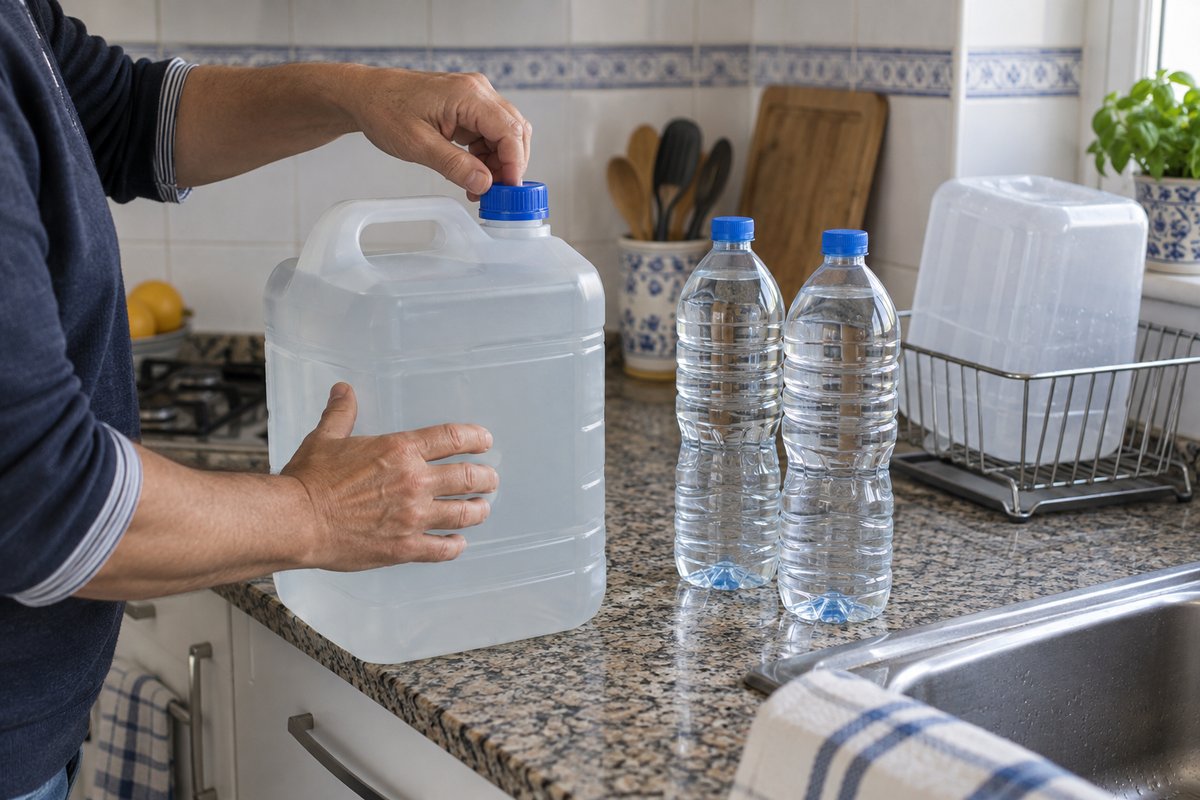 Revisión de recipientes de agua en una cocina doméstica. Imagen ilustrativa generada con IA.
