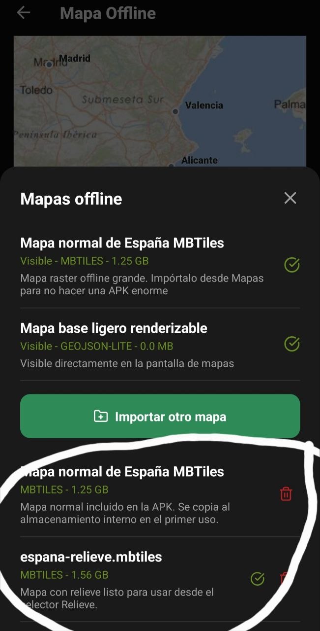 Lista de mapas offline instalados para cambiar entre mapas MBTiles