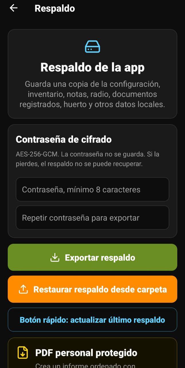 Pantalla de Respaldo de la app con contraseña de cifrado, exportación, restauración y PDF protegido