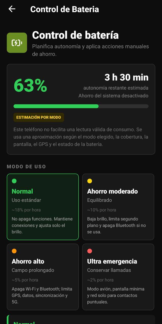 Pantalla de herramientas con Control Batería