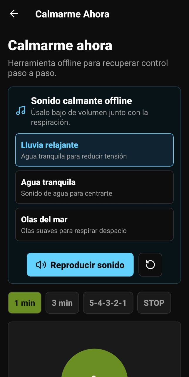 Pantalla de Calmarme ahora con sonidos calmantes offline y técnicas de respiración