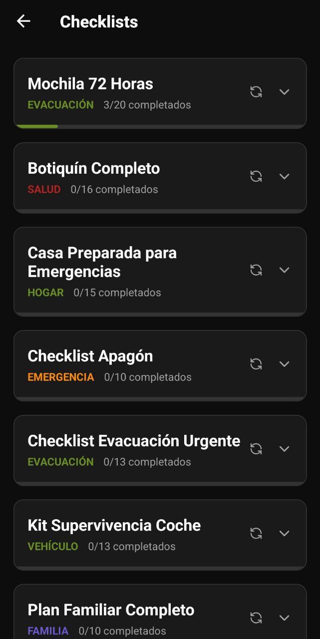 Pantalla de Checklists con mochila 72 horas, botiquín completo, casa preparada, apagón, evacuación y kit de coche