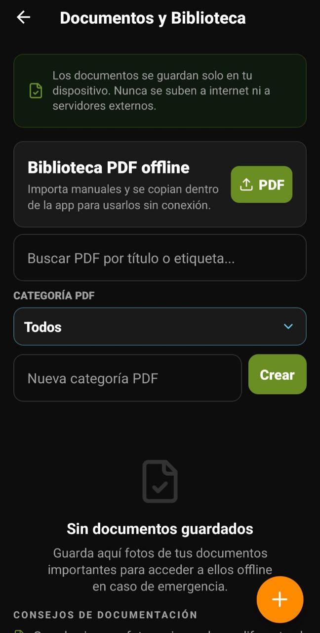 Pantalla de Documentos y Biblioteca con PDF offline, categorías y documentos guardados en el dispositivo