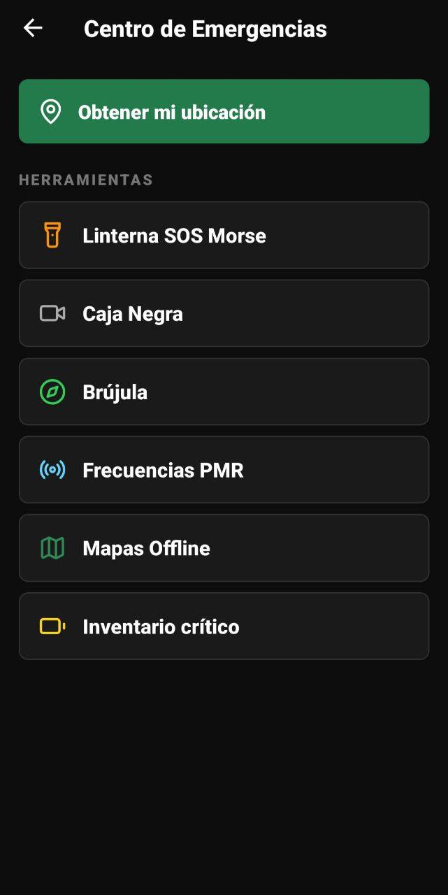 Pantalla de Centro de Emergencias con ubicación, linterna SOS Morse, Caja Negra, brújula, frecuencias y mapas offline