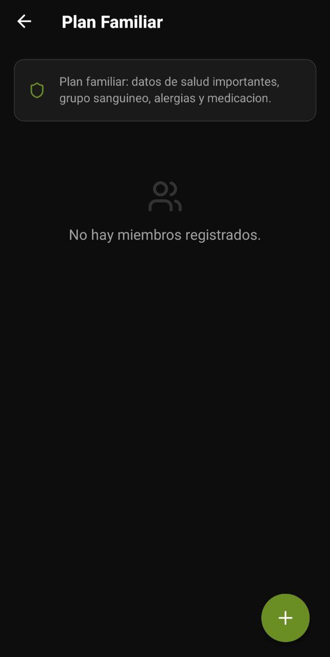 Pantalla de Plan Familiar con datos de salud importantes, grupo sanguíneo, alergias y medicación