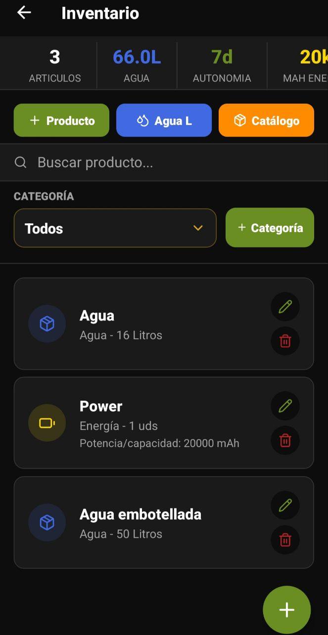 Pantalla de Inventario con artículos, agua, autonomía, búsqueda, categorías y productos críticos