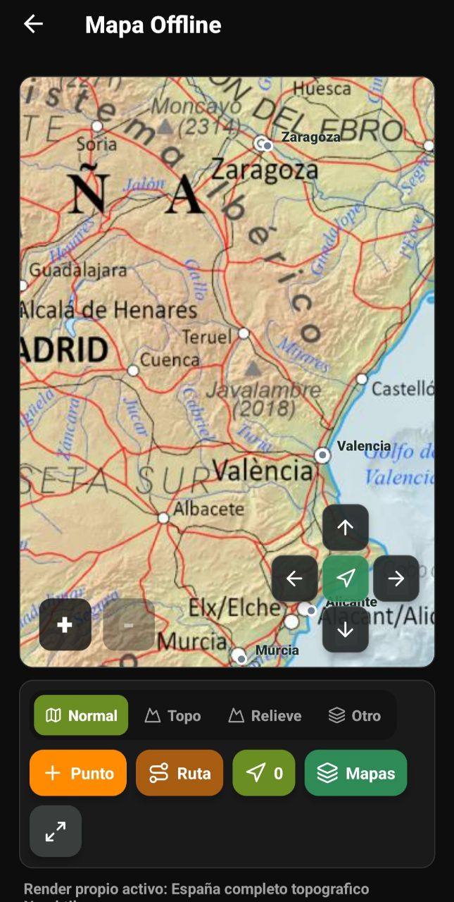 Pantalla de Mapa Offline con mapa de España, controles de navegación, puntos, rutas y selector de mapas